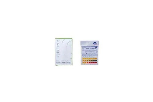 Wasserprüf-Set von Brötje zur Bestimmung des pH-Werts und der Gesamthärte, bestehend aus Teststreifen und Anleitung in kompakter Verpackung.