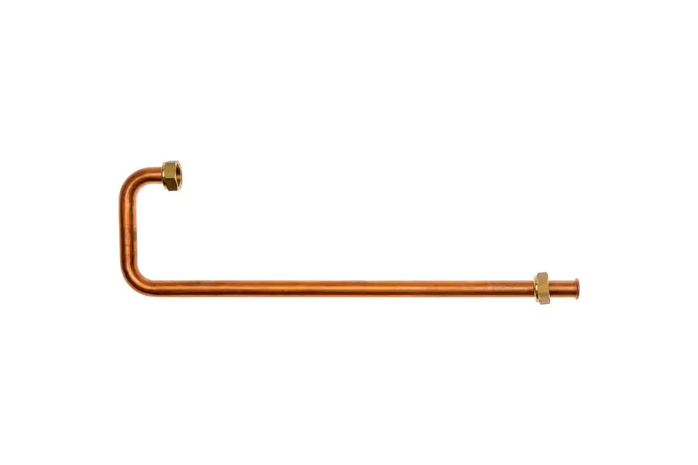 Kupferrohr mit einer L-Form und zwei Anschlussgewinden. Wird in Heizungs- oder Warmwassersystemen eingesetzt, möglicherweise von der Marke Brötje.