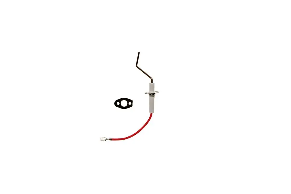 Brötje Ionisationselektrode mit einem gebogenen Metallarm und rotem Kabel, begleitet von einer Dichtung.