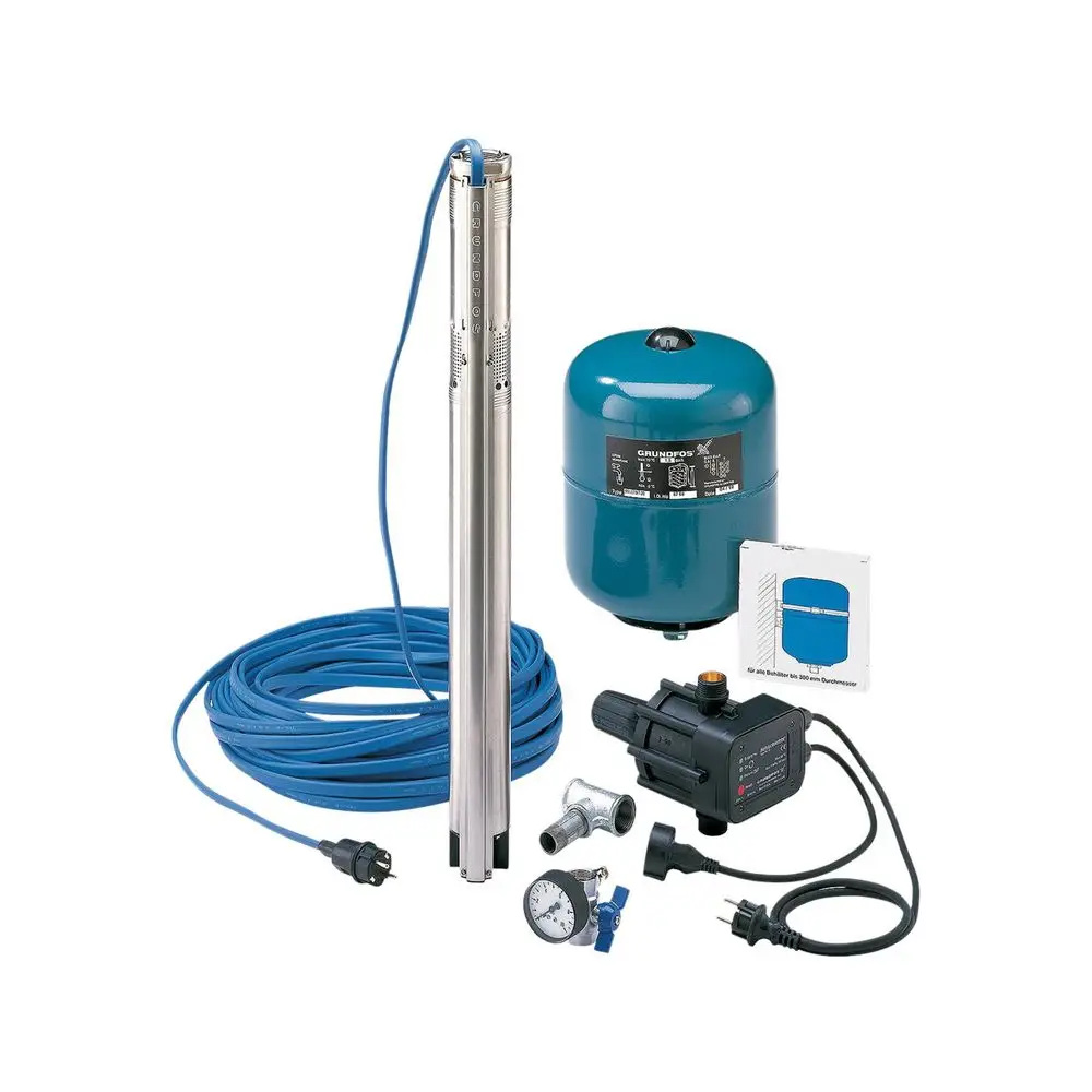 Wasserversorgungspaket mit Tauchpumpe, Druckbehälter und Zubehör von Grundfos, einschließlich Schlauch, Druckschalter und Messgerät.