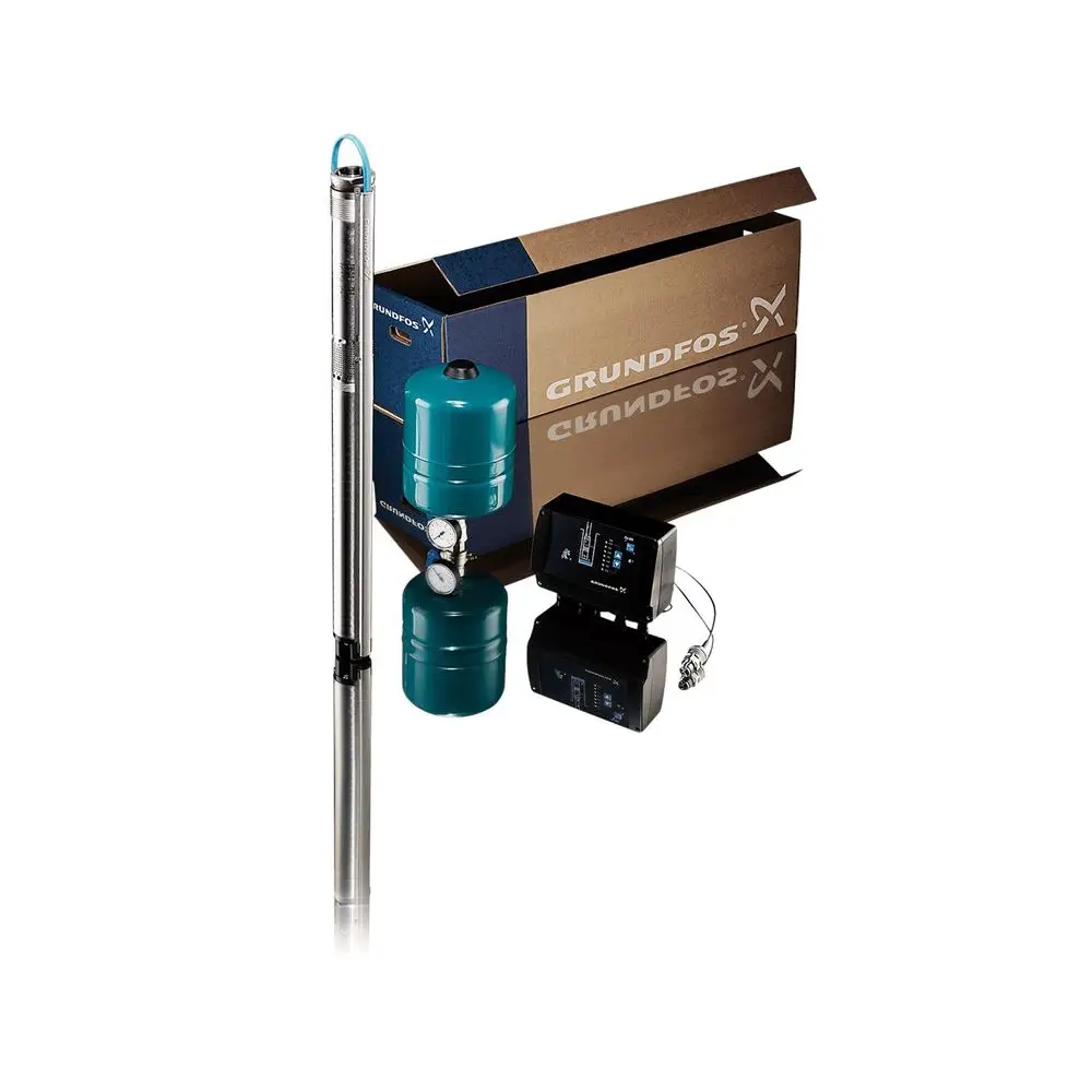 Grundfos Wasserversorgungspaket mit einem vertikalen Stahlschlauch, einem Druckbehälter und einem Steuergerät. Abgebildet sind auch ein Manometer und ein Teil des Produkts in Kartonverpackung.