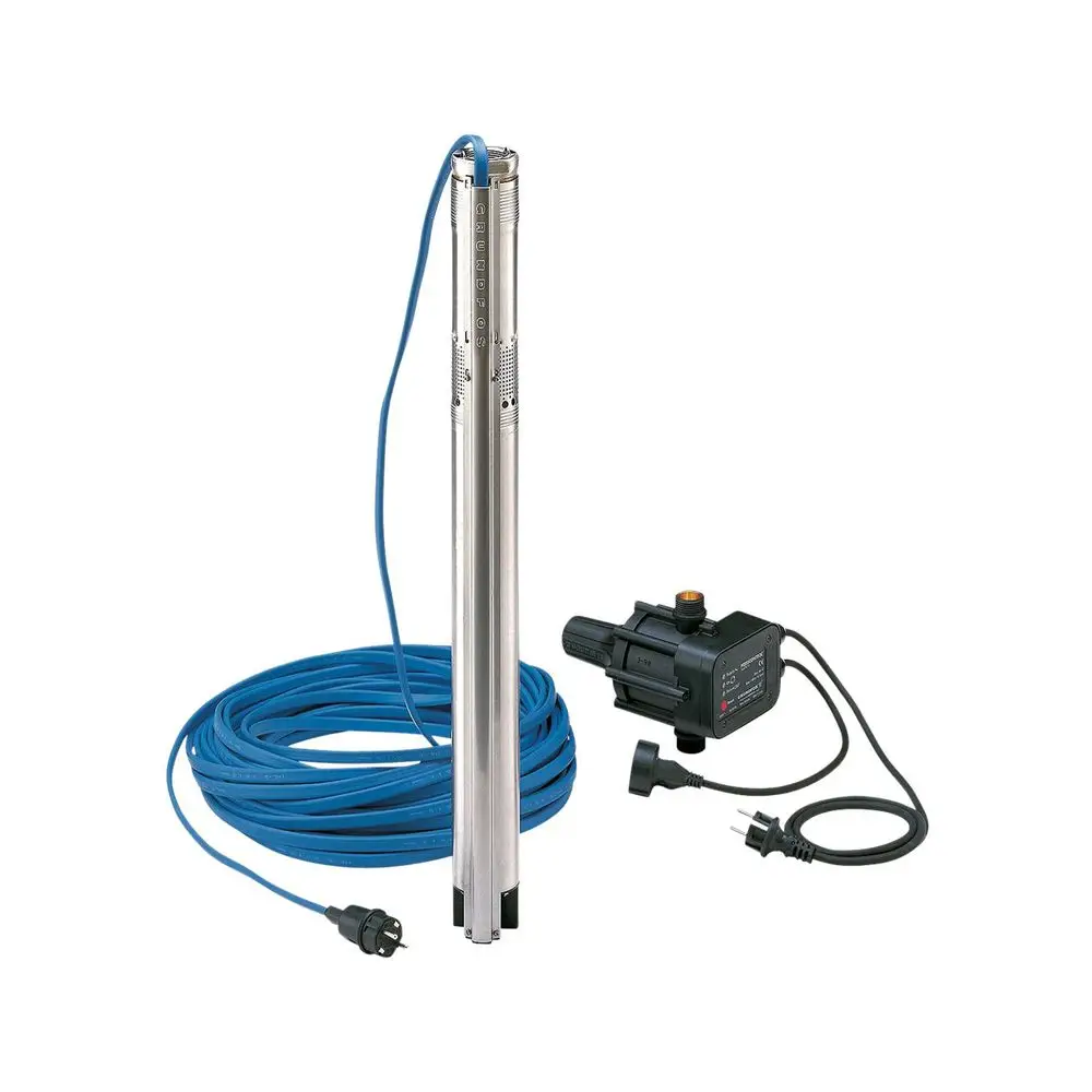 Grundfos Bewässerungspaket mit einem Edelstahlrohr und einem blauem Kabel. Um eine Pumpe und Kabelbinder ergänzt, geeignet für Gartenbewässerung.