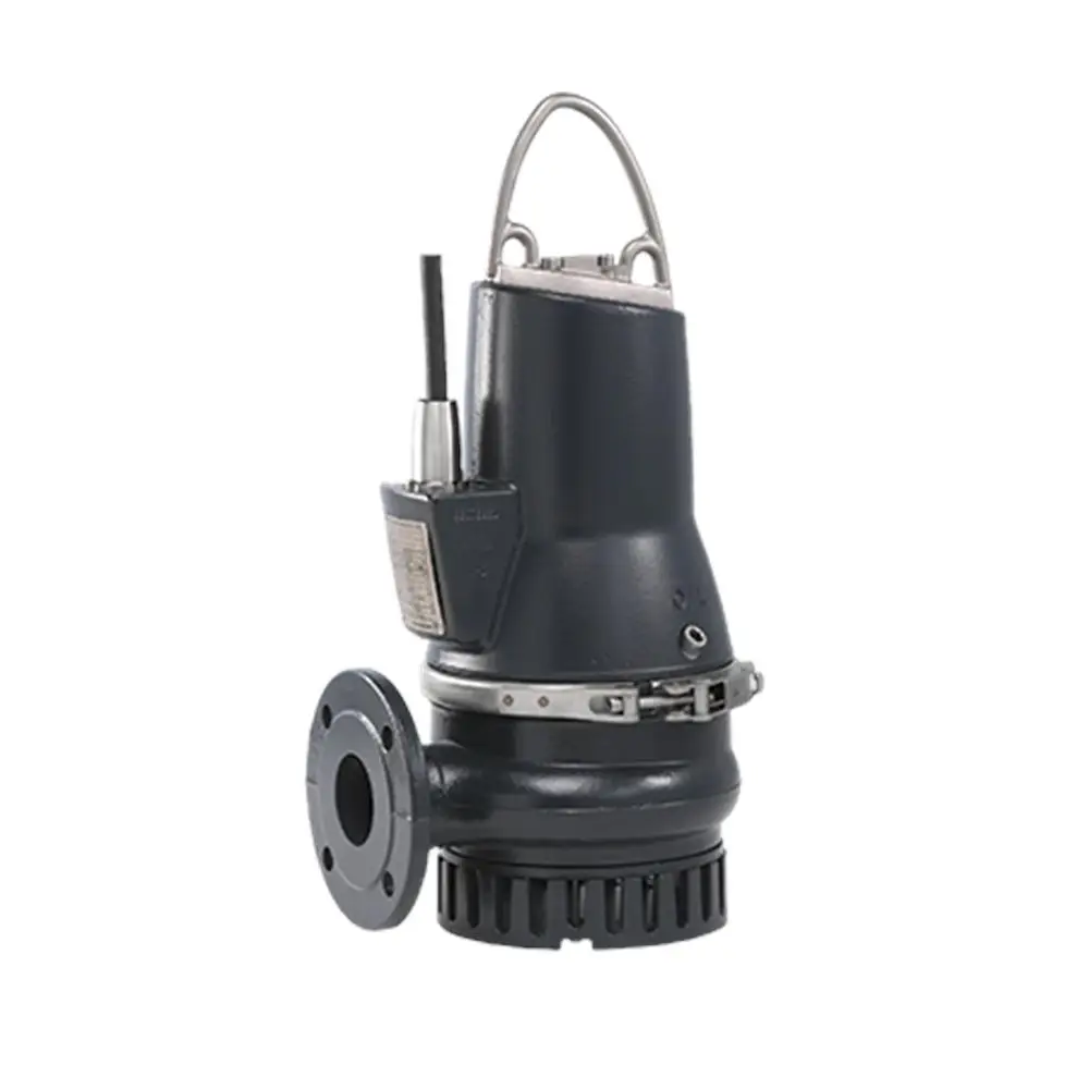 Schmutzwasserpumpe von Grundfos in kompaktem Design, ausgestattet mit einem Anschlussflansch und einem Kabel, für Anwendungen in der Abwasserentsorgung.