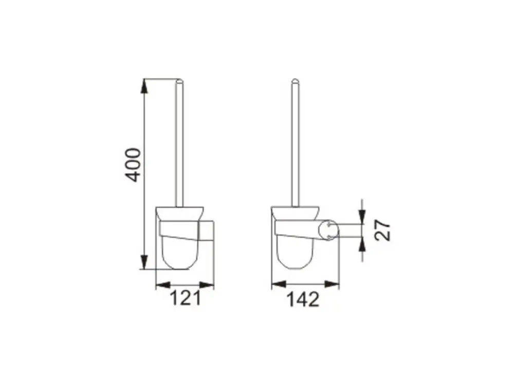 Verchromte Toilettenbürste von Keuco mit einem ovalen Halter. Abmessungen und Design sind in der technischen Zeichnung dargestellt.