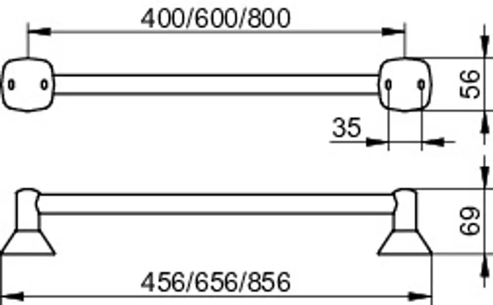 Keuco Badetuchhalter mit zwei Halterungen, einer länglichen Stange und verschiedenen möglichen Längen. Halterungen sind rechteckig und rund, aus verchromtem Material.