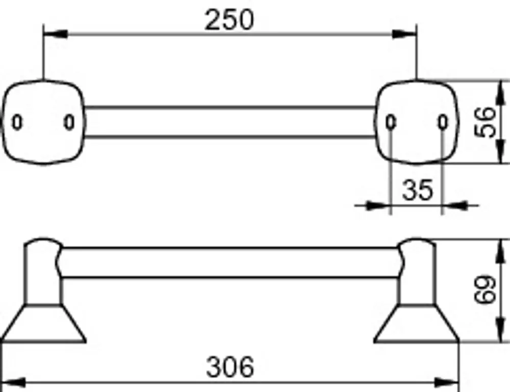 Haltegriff von Keuco, längliche Form mit zwei Montageplatten, geeignet für Badezimmer oder sanitäre Bereiche, verchromte Oberfläche, klare, funktionale Gestaltung.