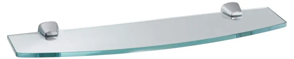 Glasplatte von Keuco mit abgerundeter Form, befestigt an zwei chromfarbenen Halterungen. Die Platte ist transparent und hat eine glatte Oberfläche.