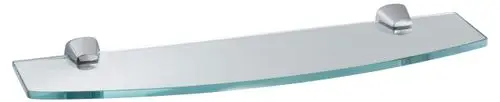 Glasplatte von Keuco mit abgerundeter Form, befestigt an zwei chromfarbenen Halterungen. Die Platte ist transparent und hat eine glatte Oberfläche.