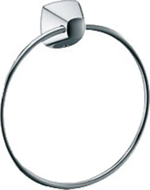 Verchromter Handtuchring von Keuco, montiert an einer Wand, mit runder Form und quadratischem Halterungselement. Simple, funktionale Designlinie.