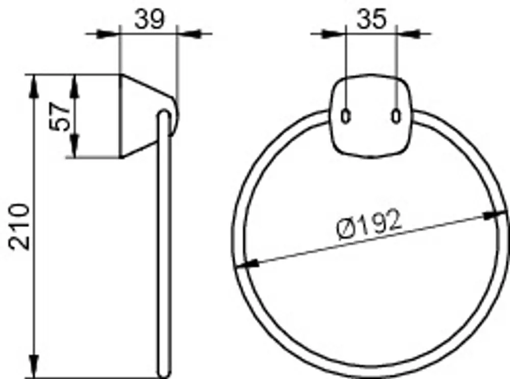 Verchromter Handtuchring von Keuco, mit halbrunder Form und montierter Aufhängung, abgebildet in seitlicher und oberer Ansicht, inklusive Maßangaben.