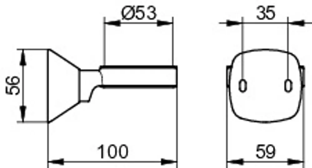 Halter von Keuco mit konischer Form, bestehend aus einem verchromten Körper und einem flachen Abschnitt, mit sichtbaren Maßangaben auf der Zeichnung.