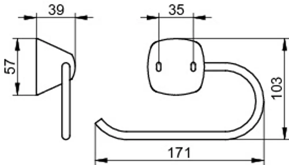 Toilettenpapierhalter von Keuco mit einem seitlichen Design und Haltebügel. Die Montage erfolgt an der Wand. Geometrische Linien und klare Formen sind erkennbar.