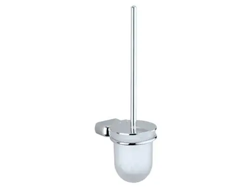 Toilettenbürstenhalter von Keuco mit abgerundetem Behälter und einem langen, vertikalen Stiel. Der Halter hat eine glänzende Oberfläche und ist auf einer Wand angebracht.