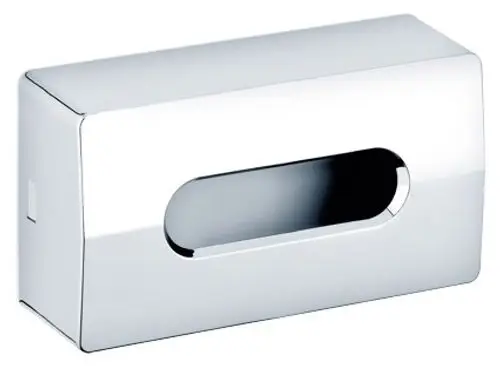 Kleenexbox aus verchromtem Metall von Keuco mit ovalem Ausgabefenster, geeignet zur Wandmontage in Badezimmern oder modernen Toilettenräumen.