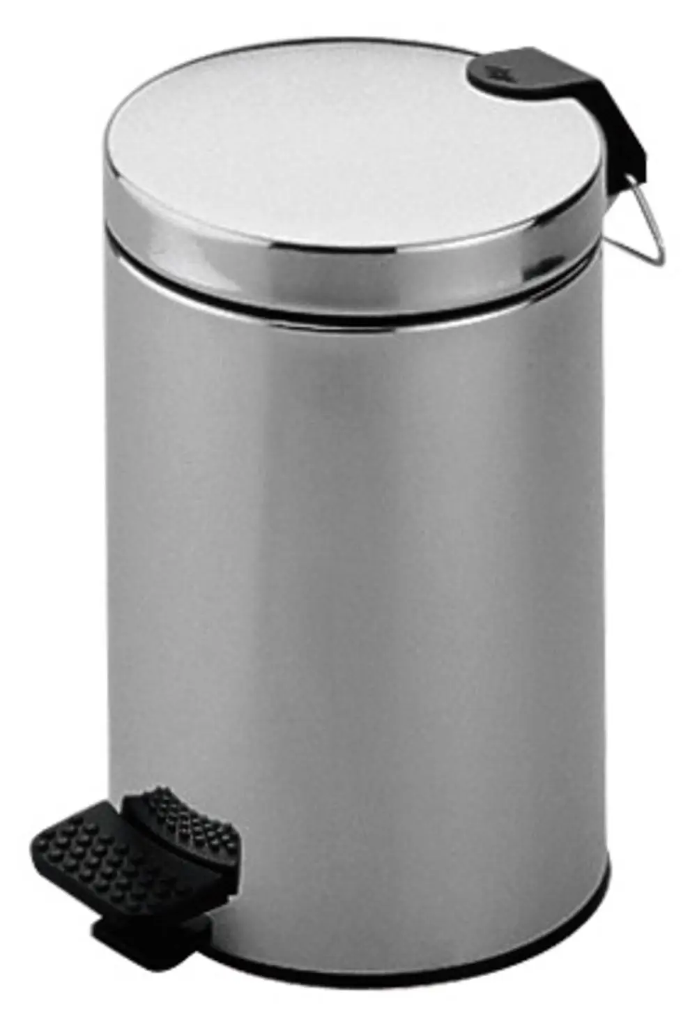 Abfallbehälter mit Fußpedal und Chrom-Oberfläche, hergestellt von Keuco. Das Design ermöglicht eine hygienische Nutzung ohne direkten Kontakt mit dem Behälter.