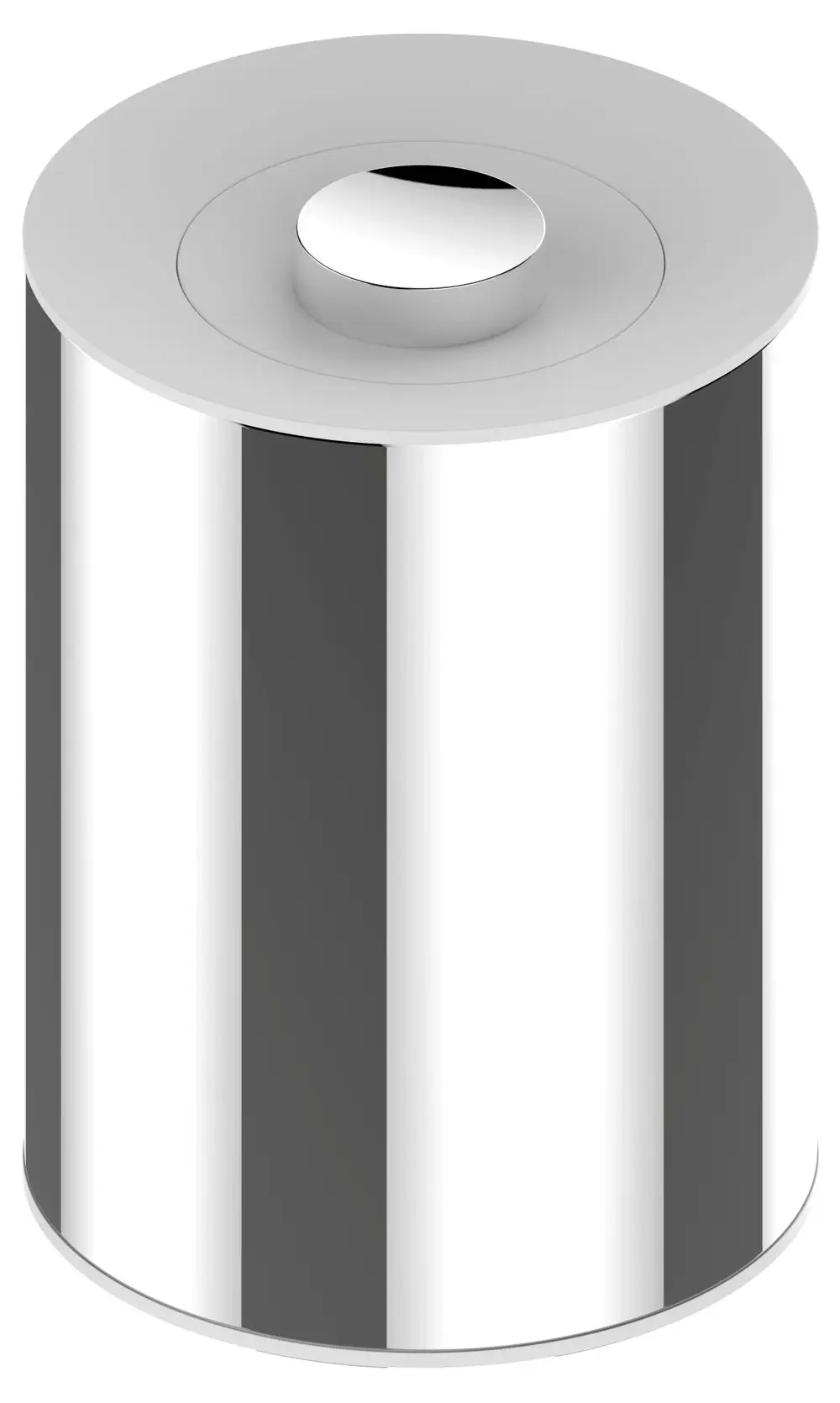 Edelstahl-Abfallbehälter von Keuco mit weißem Deckel. Runde Form mit flacher Oberseite und zentralem Griff. Ideal für den Einsatz im Bad oder weiteren Räumen.