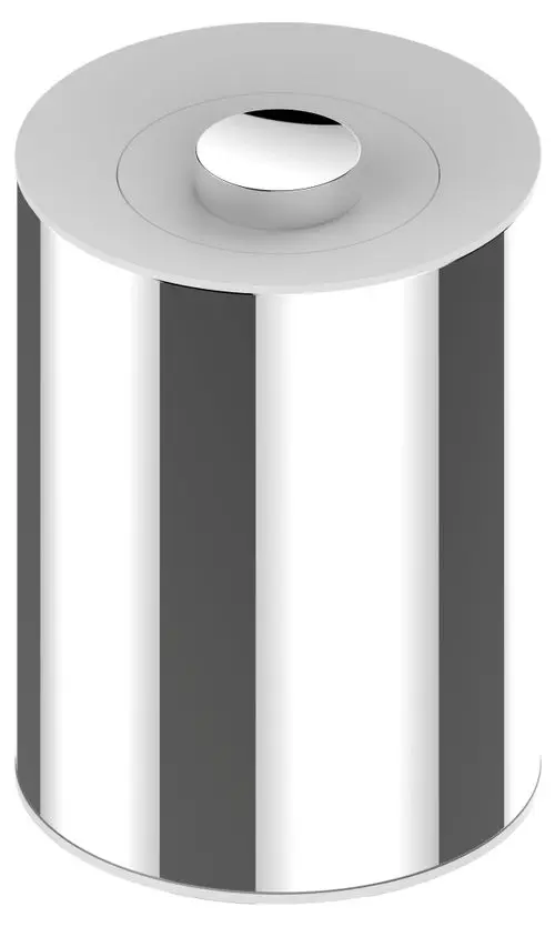 Edelstahl-Abfallbehälter von Keuco mit weißem Deckel. Runde Form mit flacher Oberseite und zentralem Griff. Ideal für den Einsatz im Bad oder weiteren Räumen.