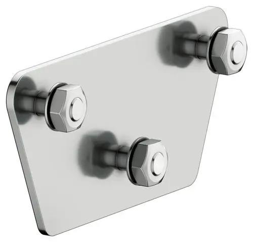 Klebe-Set mit einer rechteckigen Plattform und drei seitlich herausragenden Schrauben, hergestellt von Keuco, zur Befestigung an verschiedenen Oberflächen.