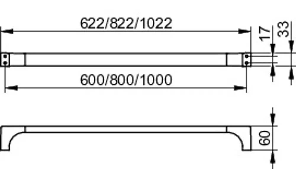 Zeichnung eines Badetuchhalters von Keuco mit unterschiedlichen Längenoptionen. Maße: 622/822/1022 mm und 600/800/1000 mm. Detailansicht mit abgerundeten Enden und Montagepunkten.