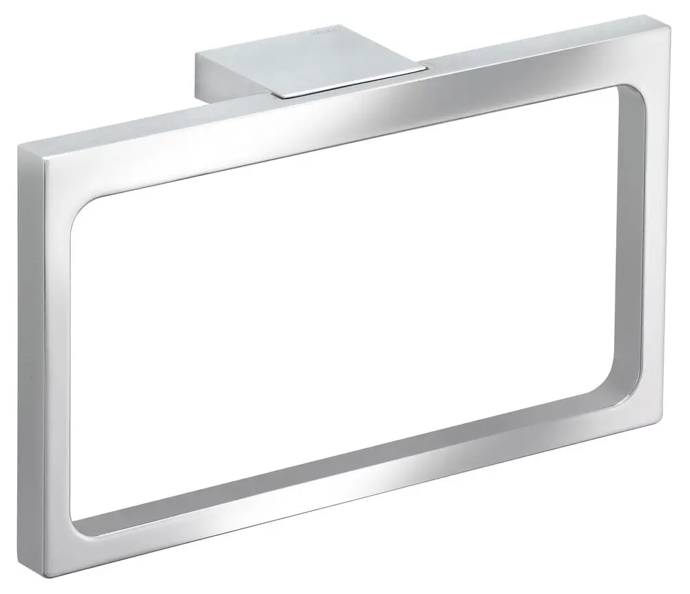 Handtuchring aus glänzendem Metall, rechteckige Form mit abgerundeten Ecken, befestigt an einer in mattem Silber gehaltenen Wandkonsole, von Keuco.
