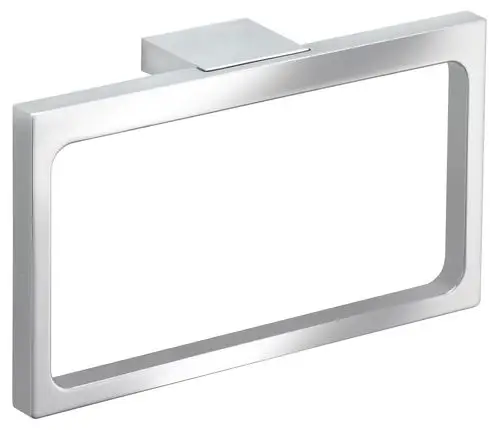 Handtuchring aus glänzendem Metall, rechteckige Form mit abgerundeten Ecken, befestigt an einer in mattem Silber gehaltenen Wandkonsole, von Keuco.