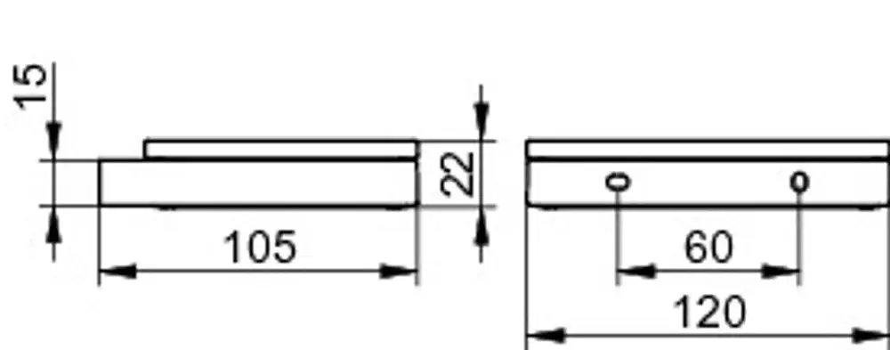 Keuco Produktzeichnung eines flachen Objekts mit klaren Kanten, mit einer Höhe von 15 mm und einer Breite von 105 mm, sowie einer zweiten Anordnung mit 60 mm Abstand zwischen zwei Löchern.