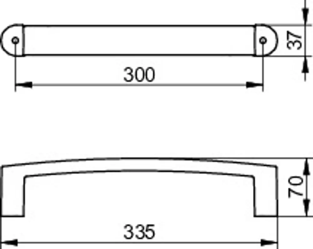 Haltegriff von Keuco, längliches Design mit zwei Befestigungslöchern, sichtbar in der Zeichnung mit Maßen und einer oberen und unteren Ansicht.