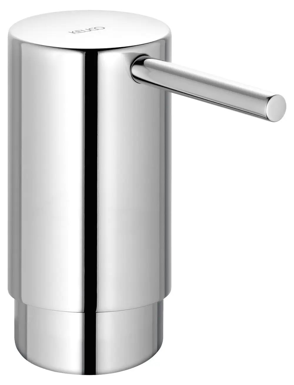 Edelstahl-Schaumseifenpumpe von Keuco mit einem zylindrischen Design und einem langen Auslauf. Oberfläche in polierter Ausführung.