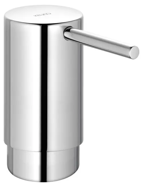 Edelstahl-Schaumseifenpumpe von Keuco mit einem zylindrischen Design und einem langen Auslauf. Oberfläche in polierter Ausführung.