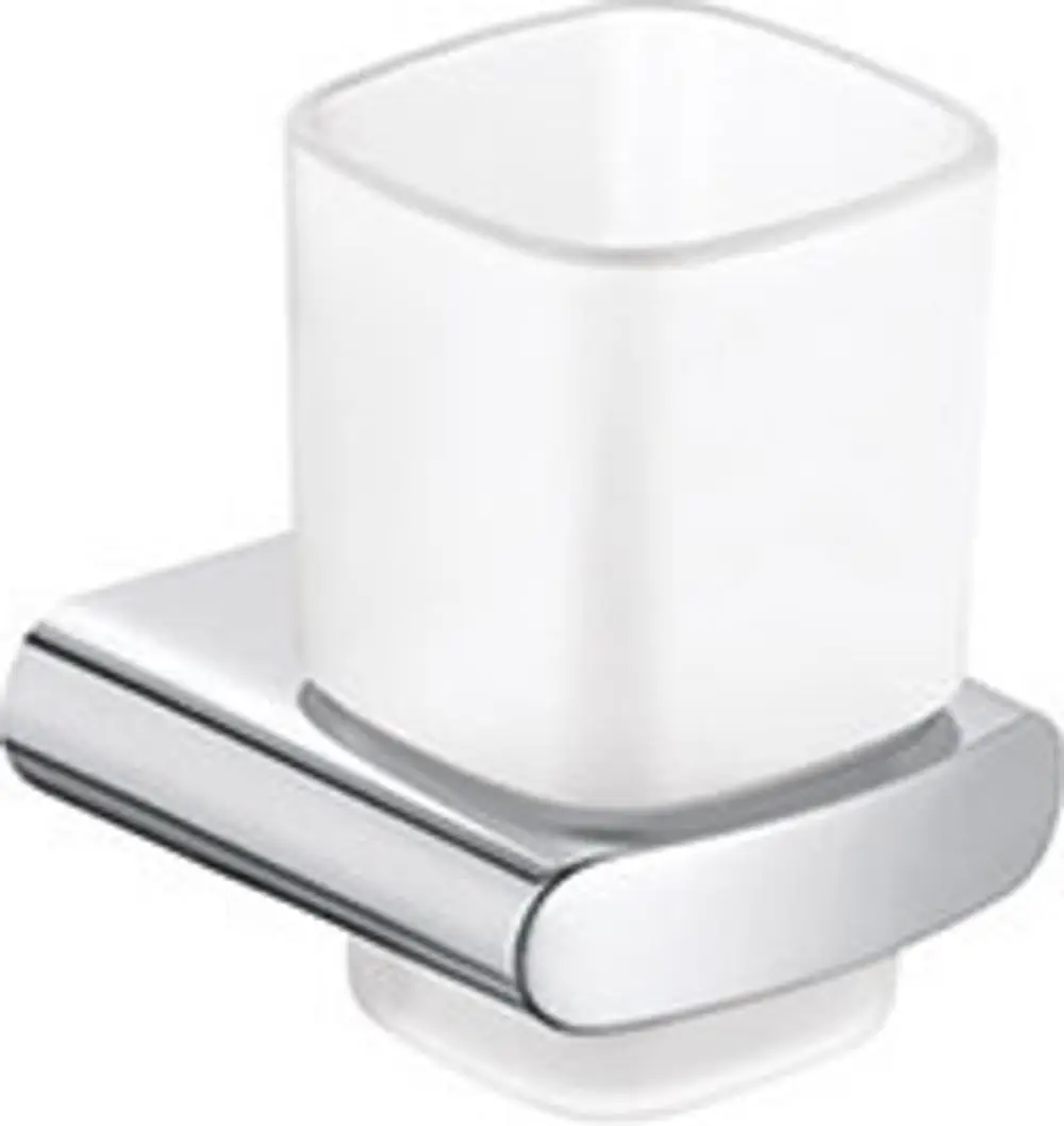 Glasbehälter mit quadratischer, klarer Oberfläche und verchromter Halterung. Produkt aus der Keuco Elegance Serie für Badezimmeranwendungen.