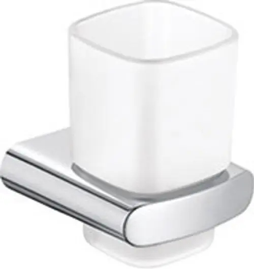 Glasbehälter mit quadratischer, klarer Oberfläche und verchromter Halterung. Produkt aus der Keuco Elegance Serie für Badezimmeranwendungen.