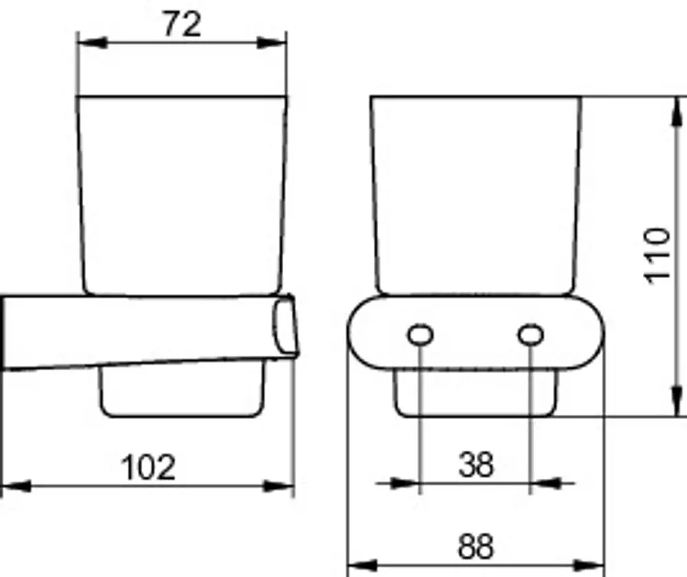 Schematics eines Keuco Elegance Echtkristall-Glases, mit Abmessungen und Details. Enthält Ansichten von vorne und der Seite sowie Maße für Montage und Form.