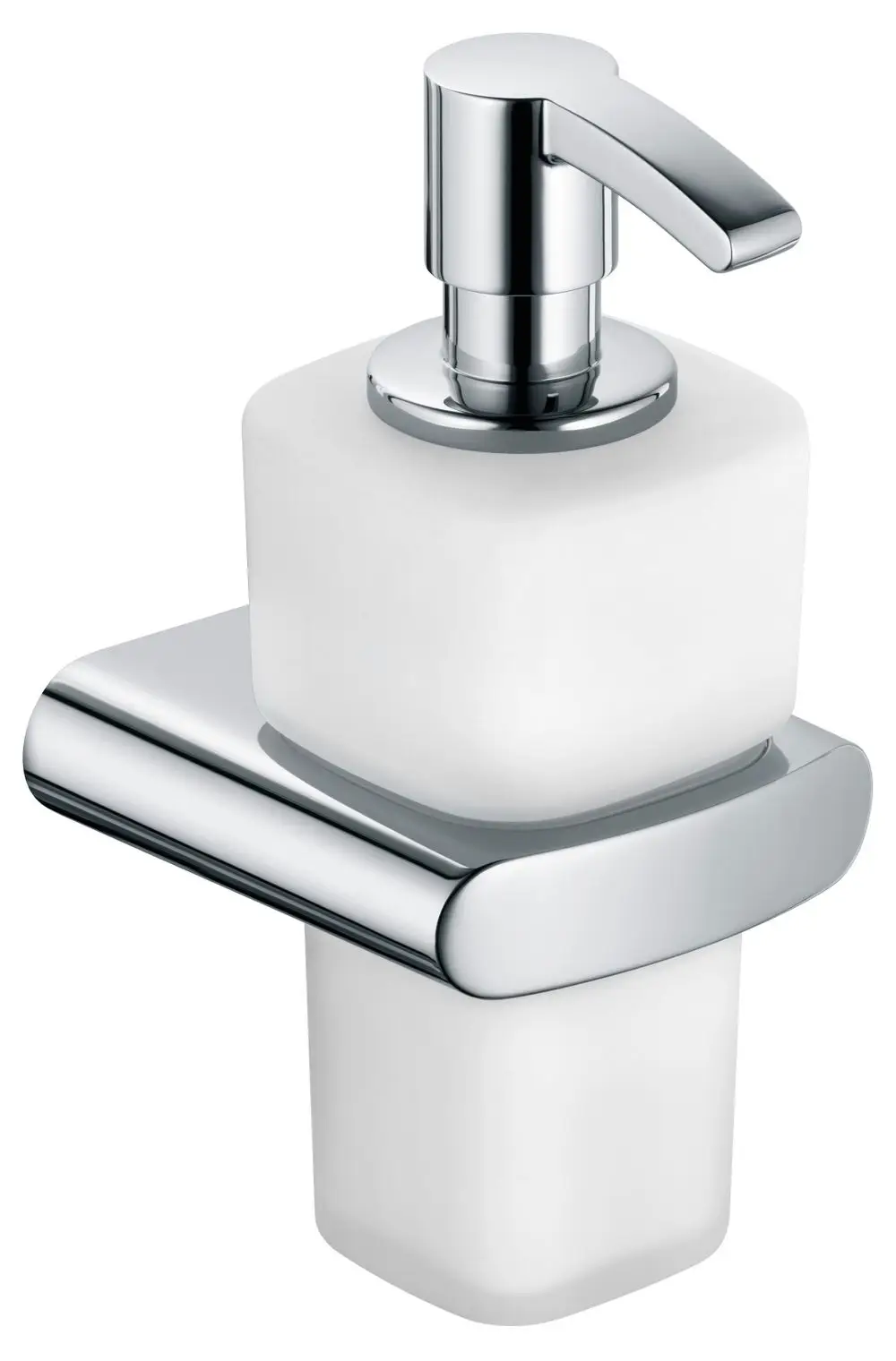 Schaumseifenpumpe in Edelstahl-Finish von Keuco, mit einem weißen, quadratischen Behälter und einem ergonomischen Hebel zur Betätigung.