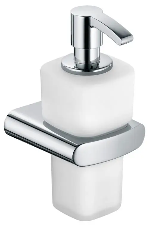 Schaumseifenpumpe in Edelstahl-Finish von Keuco, mit einem weißen, quadratischen Behälter und einem ergonomischen Hebel zur Betätigung.