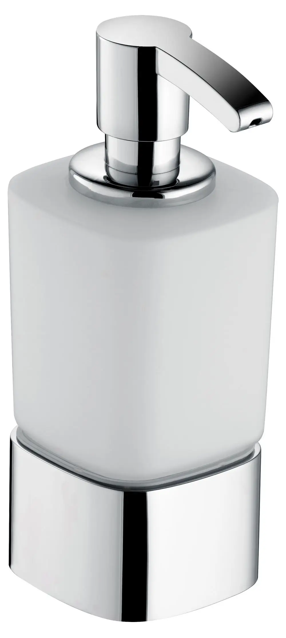Schaumseifenpumpe von Keuco mit einem weißen, rechteckigen Behälter und einer verchromten Pumpe. Produkt hat einen glatten, eleganten Look.