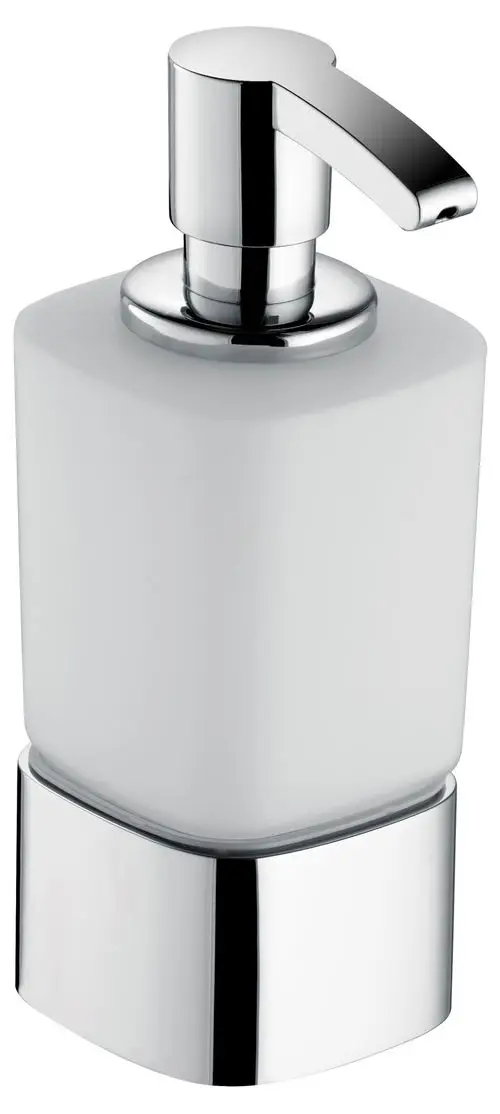 Schaumseifenpumpe von Keuco mit einem weißen, rechteckigen Behälter und einer verchromten Pumpe. Produkt hat einen glatten, eleganten Look.