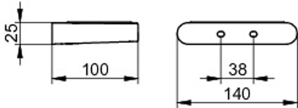Technisches Zeichnungsdiagramm eines Produkts mit rechteckiger Form, mit abgerundeten Ecken und zwei Löchern auf der Oberseite, bezeichnet mit Keuco.