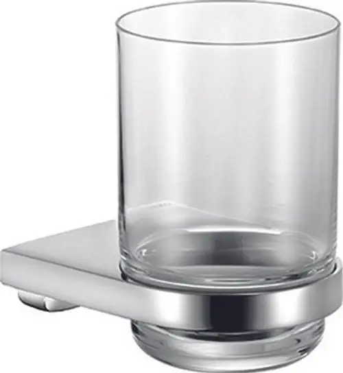 Transparente Glasbürste mit Halterung aus verchromtem Metall, angebracht an einer Wand. Keuco-Design, geeignet für Badezimmer oder Sanitärbereich.