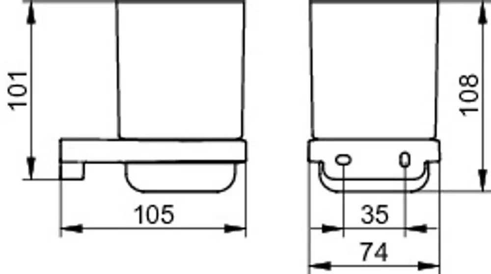 Keuco Produkt mit rechteckigem Glasbehälter, Abmessungen und Details in technischen Zeichnungen dargestellt. Seitenansicht und Vorderansicht sind sichtbar.