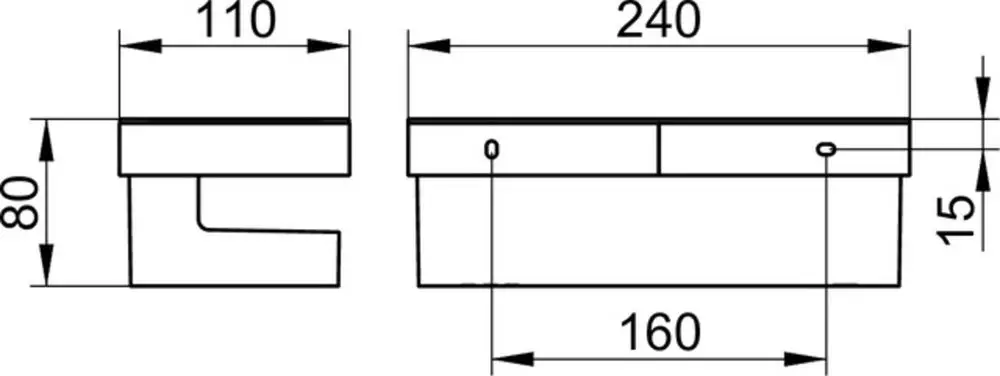 Weiße Kunststoffablage von Keuco mit rechteckiger Form, seitlichen Griffen und zwei Fächern. Die Maße sind in der technischen Zeichnung angegeben.