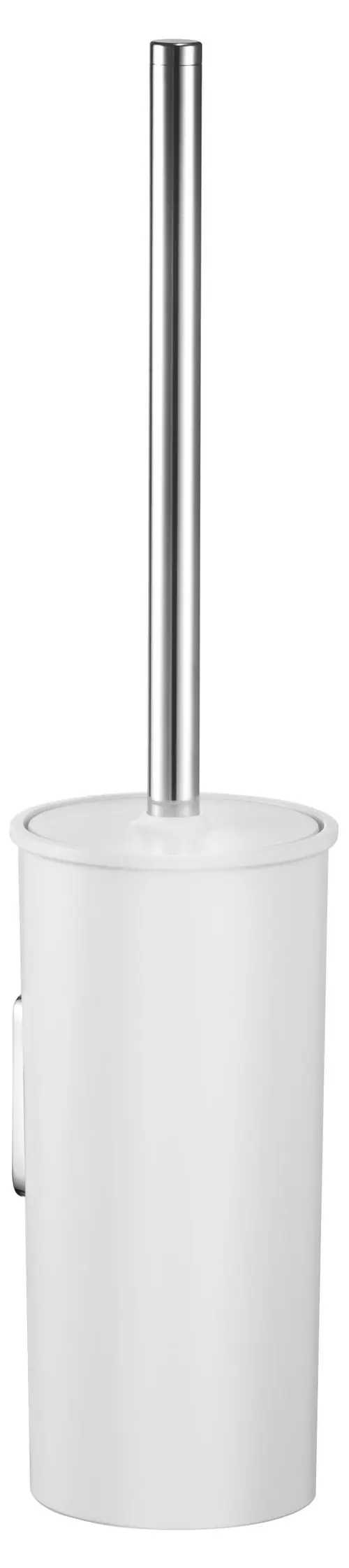 Weißer Kunststoffbehälter mit einem langen, metallischen Griff. Entworfen von Keuco, geeignet für den Einsatz in Badezimmern. Einfaches und funktionales Design.