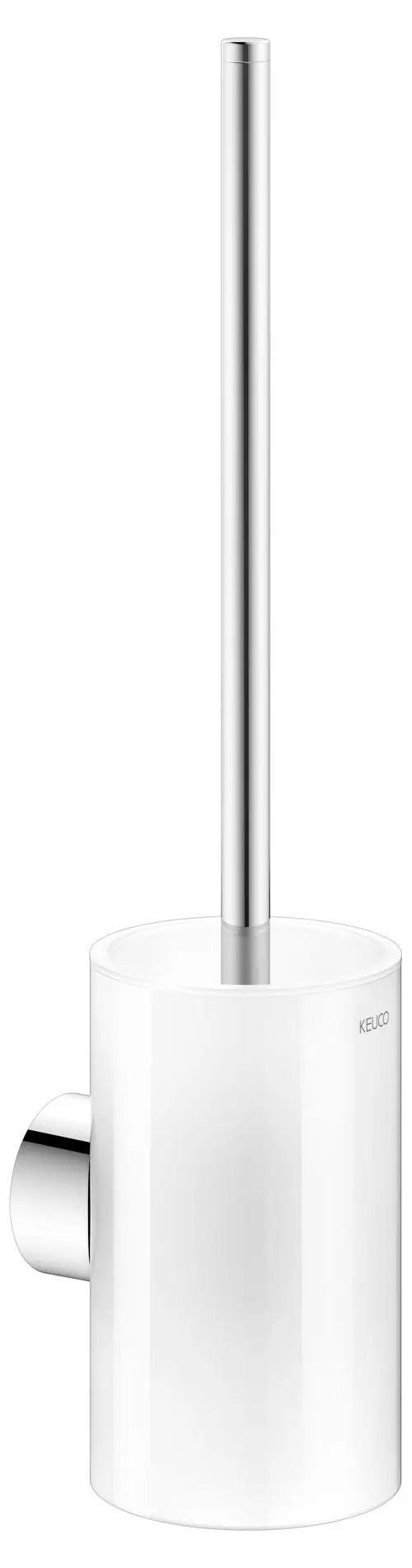 Toilettenbürstengarnitur von Keuco in schlichter, runder Form mit verchromtem Bürstengriff und weißem Halter. Ideal für moderne Badezimmergestaltung.