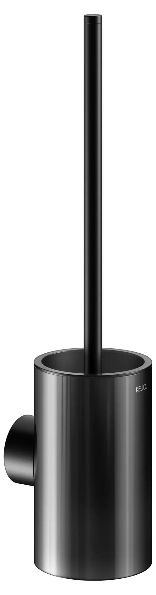 Schwarze Toilettenbürstengarnitur von Keuco mit runder Halterung und langem, geradem Griff. Minimalistisches Design.