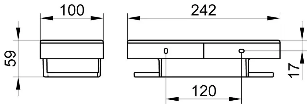 Keuco Produktzeichnung eines Duschkorbs mit horizontalem Design, zwei Fächern und Maßen. Darstellung aus der Sicht von vorne und seitlich.