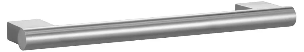 Edelstahl-Haltegriff von Keuco mit einem runden, schlichten Design und zwei quadratischen Halterungen für die Wandmontage.