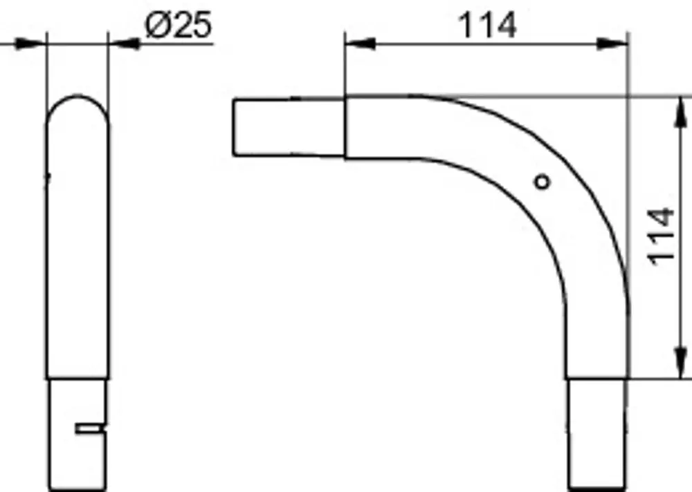 Keuco Rohrbogen in 90-Grad-Form mit rundem Querschnitt, geeignet für Duschwannen. Darstellung der Maße und des Designs in technischer Zeichnung.