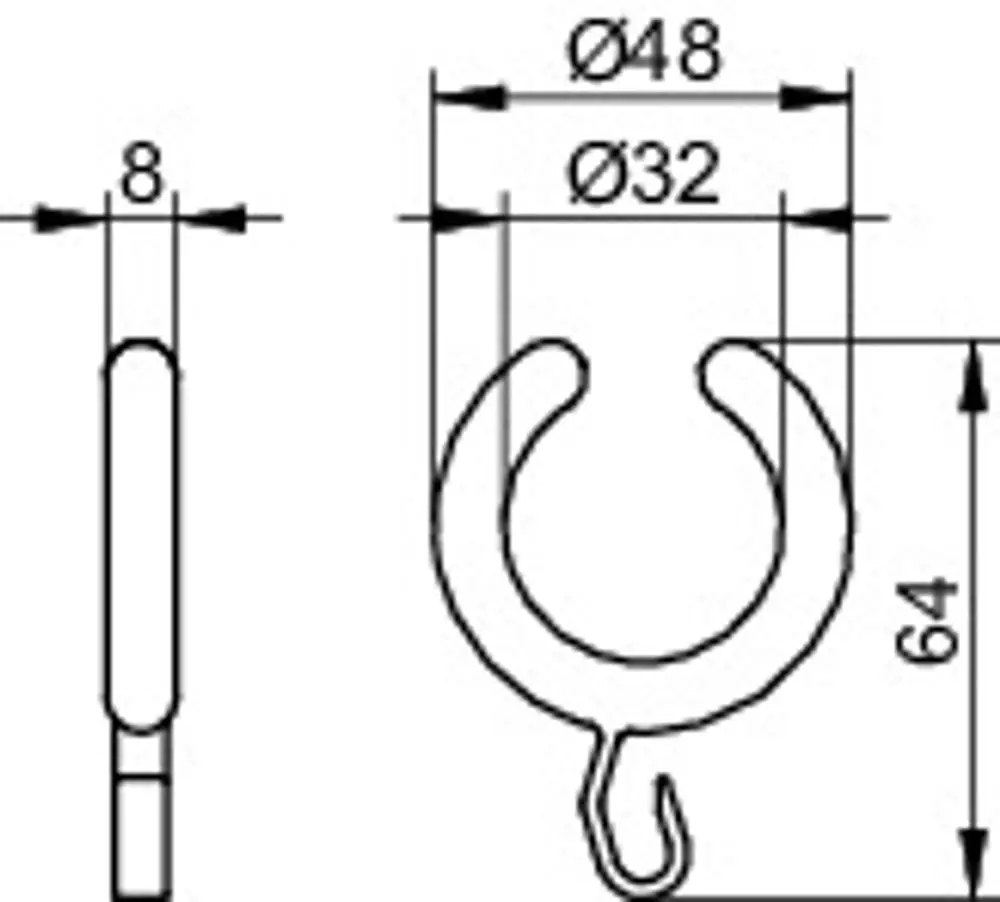 Weißer halboffener Vorhangring von Keuco, sichtbar in einer technischen Zeichnung mit abgebildeten Maßen und Details zur Form und Konstruktion.
