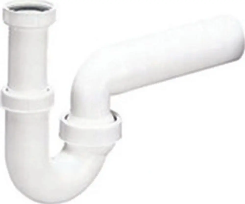 Weißer Siphon von Dallmer mit gebogenem Rohr, geeignet für den Anschluss von Abwasserleitungen. Eure Rohrverbindungen sind deutlich erkennbar.