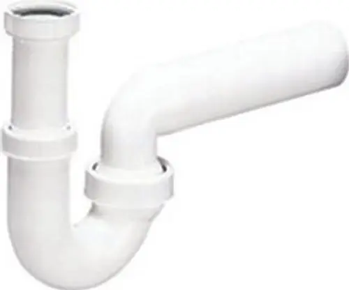 Weißer Siphon von Dallmer mit gebogenem Rohr, geeignet für den Anschluss von Abwasserleitungen. Eure Rohrverbindungen sind deutlich erkennbar.
