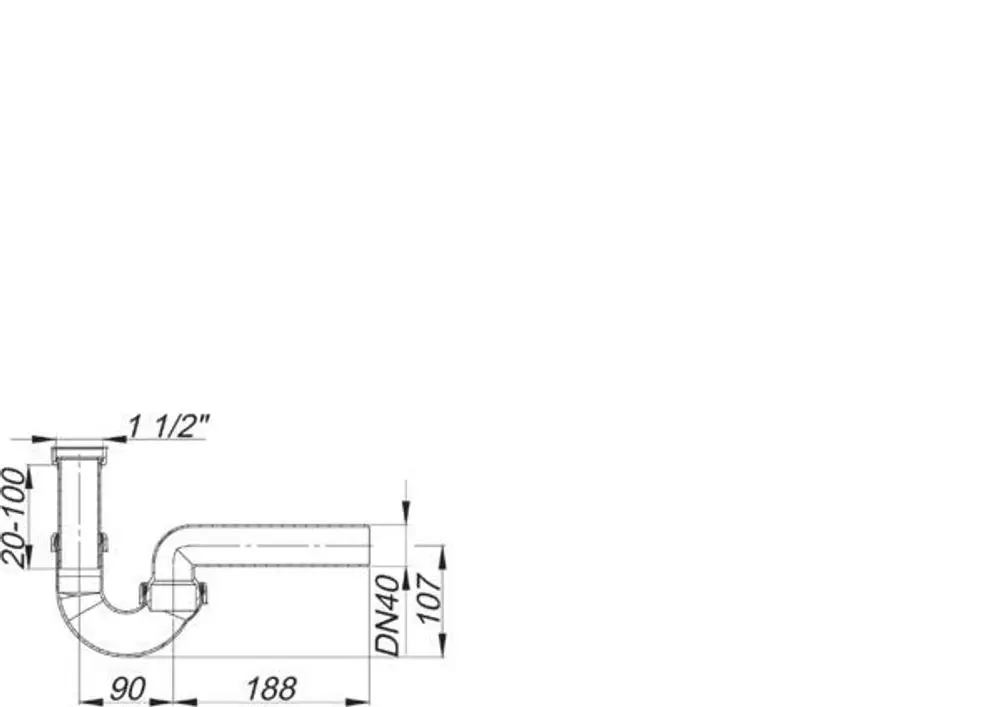 Dallmer Siphon in Rohrform, mit gebogenem Design und verschiedenen Anschlussmöglichkeit. Technische Zeichnung mit Maßangaben zur Installation.